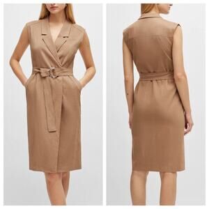 BOSS Wrap Dress Belted Sleeveless Collared Tan Beige Linen Blend Mini New